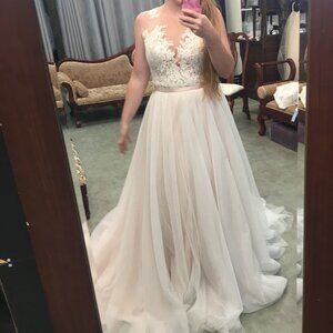 Lace  A-line Champagne Wedding Dress, Illusion Top, Nude/Ivory bottom, Plunging